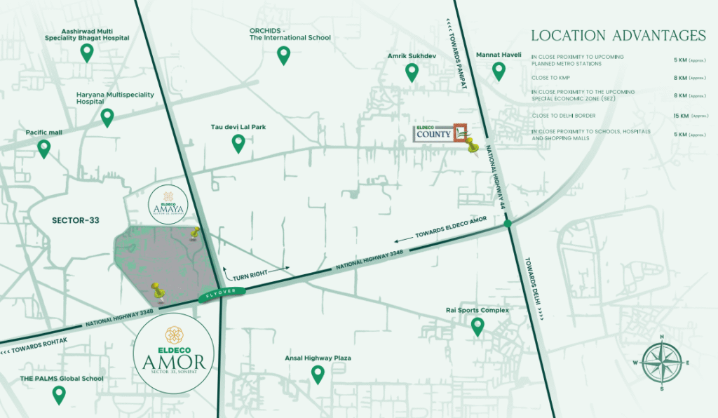 Map showing Eldeco Amor Sector 33 Sonipat location with nearby hospitals, schools, highways, and Eldeco Amaya & County projects