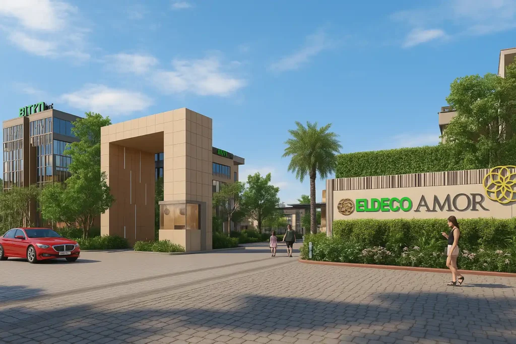 Main entry gate of Eldeco Amor Sector 33 Sonipat with project signage, security booth, and landscaped surroundings