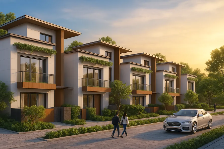 Row of modern 3BHK luxury villas with landscaped greenery at Eldeco Amor Sector 33 Sonipat during sunset