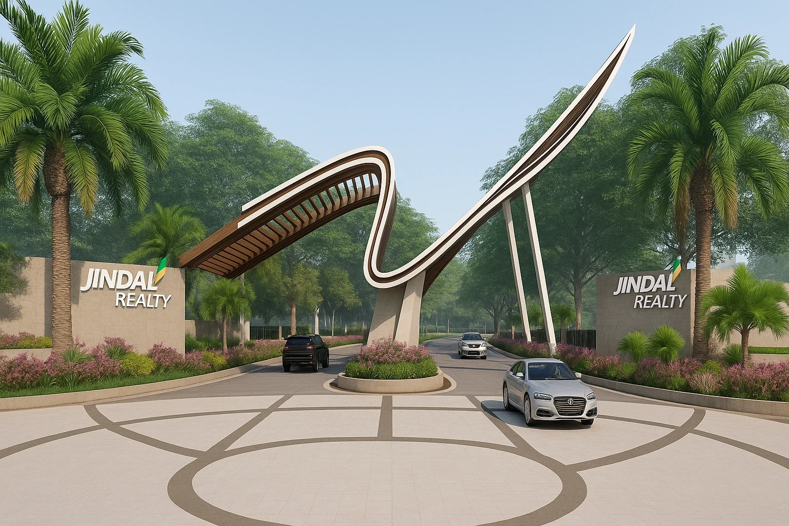 Jindal Smart City Sonipat main entrance gate with modern design and greenery