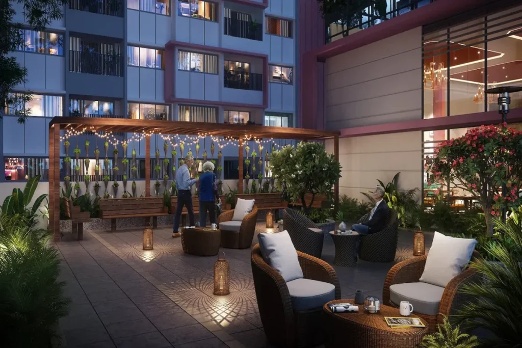 Neoliv Grand Park landscaped community seating area