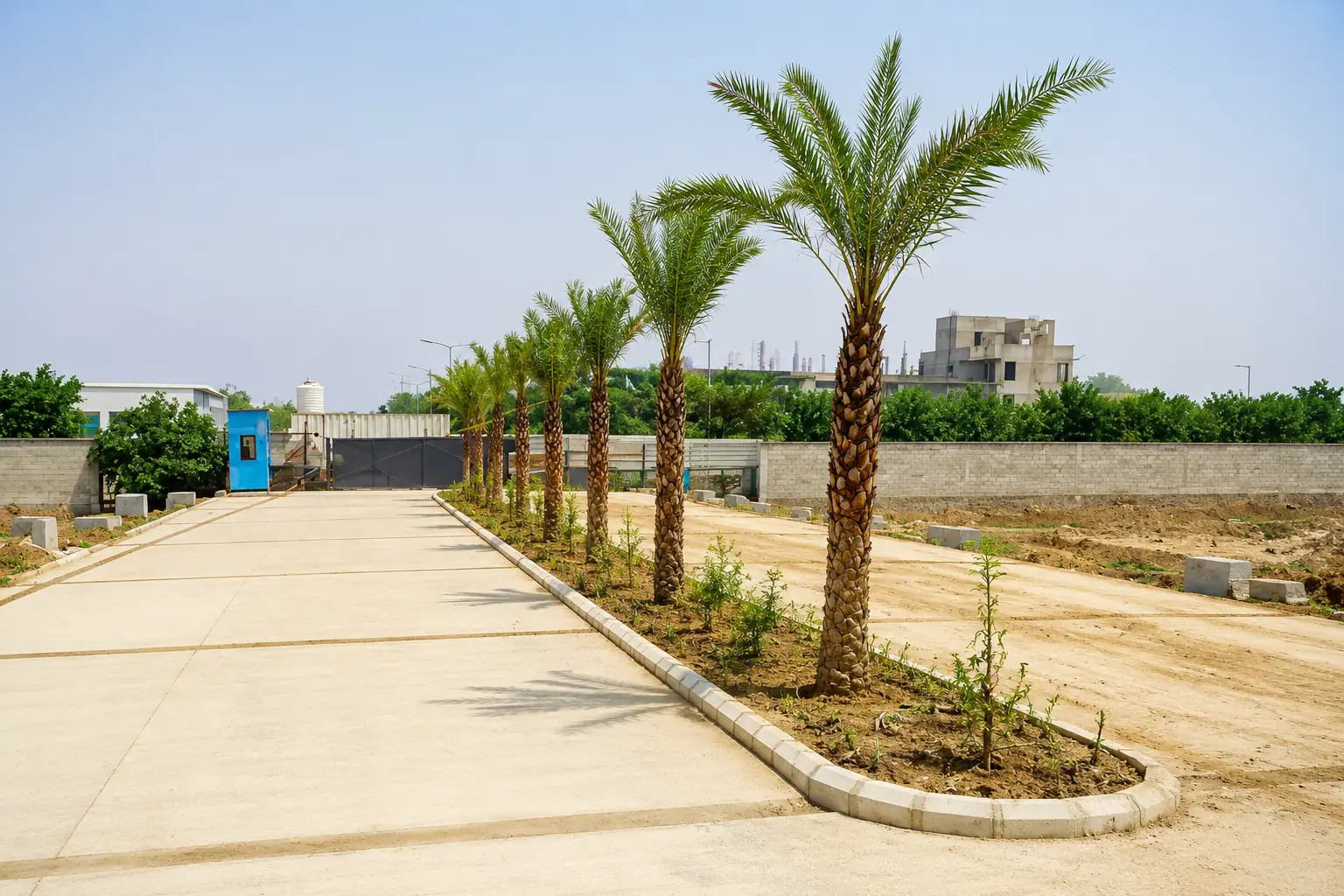 Wide palm-lined internal road inside Mapsko ASPR Greenz residential plot township, Sector 35 Sonipat