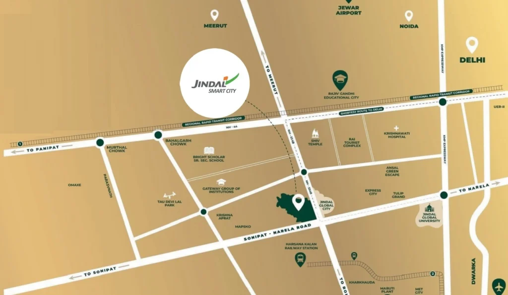 Location map of Jindal Smart City in Sector 34, Sonipat showing NH-44, Sonipat–Narela Road, Delhi, and nearby landmarks.