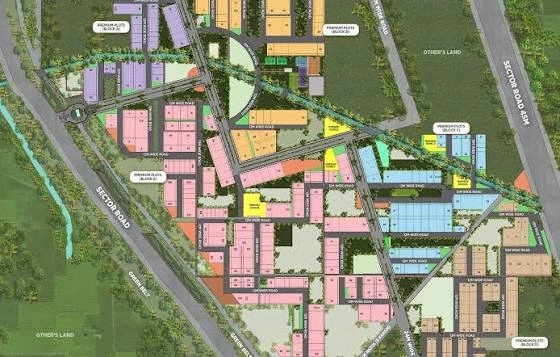Master plan of Jindal Smart City in Sonipat showing residential plots, villas, commercial zones, internal roads, green spaces, and township layout.