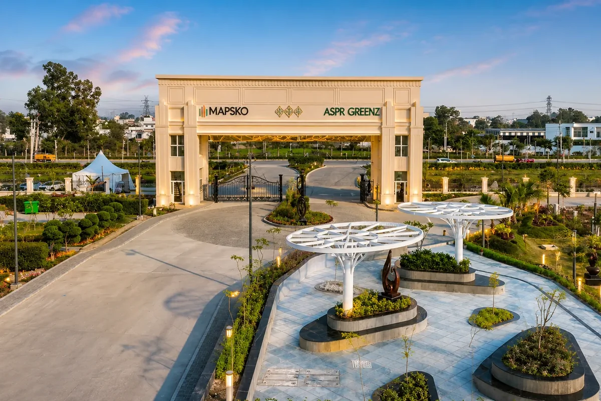Aerial view of Mapsko ASPR Greenz entrance gate and landscaped garden with canopy structures – residential plots Sector 35 Sonipat