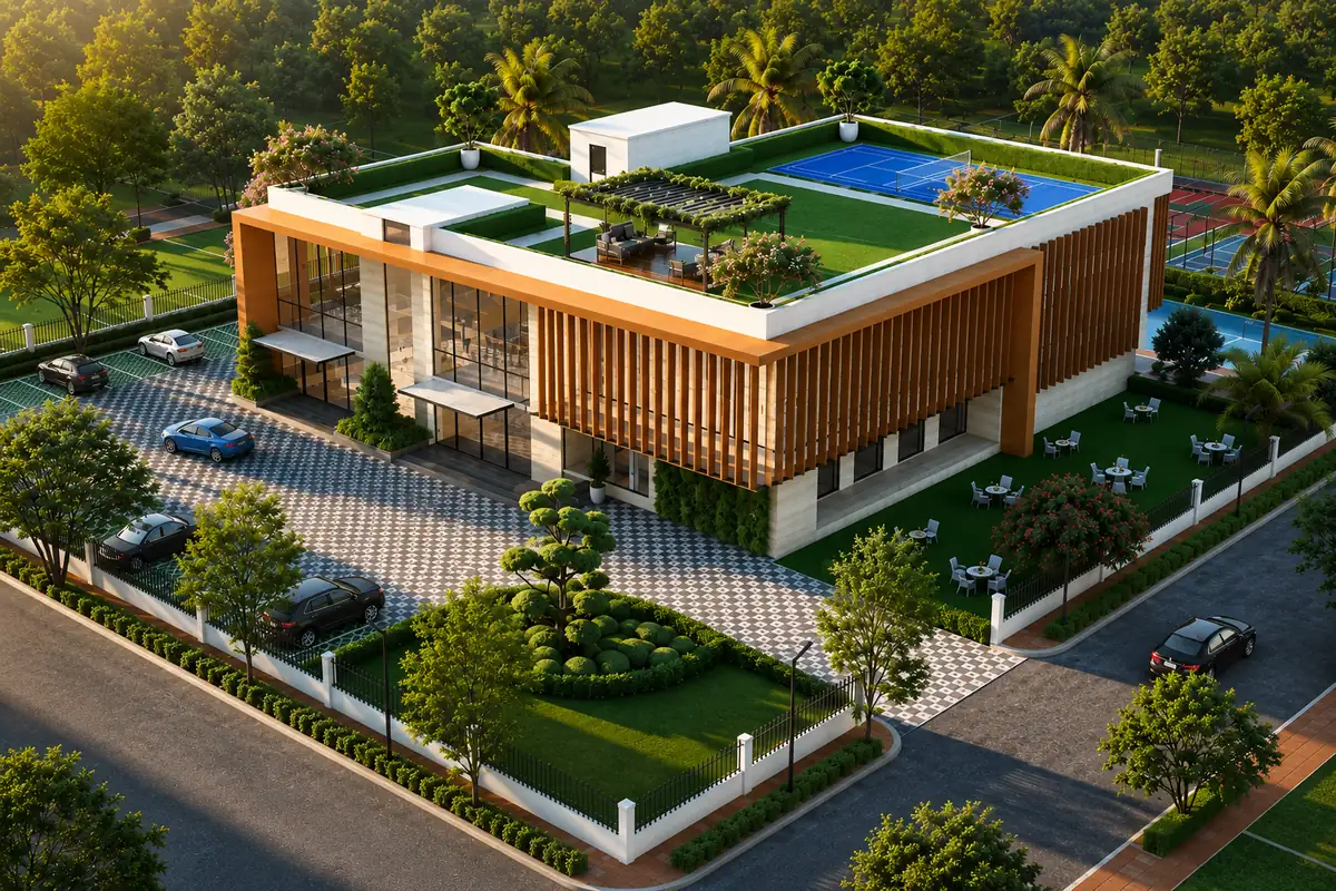 Royal Green County clubhouse with rooftop tennis court, swimming pool, and gardens in Kundli Sonipat