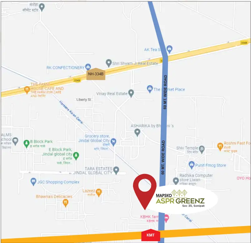 Location map of Mapsko ASPR Greenz Sector 35 Sonipat showing NH-334B and 60-metre wide road connectivity