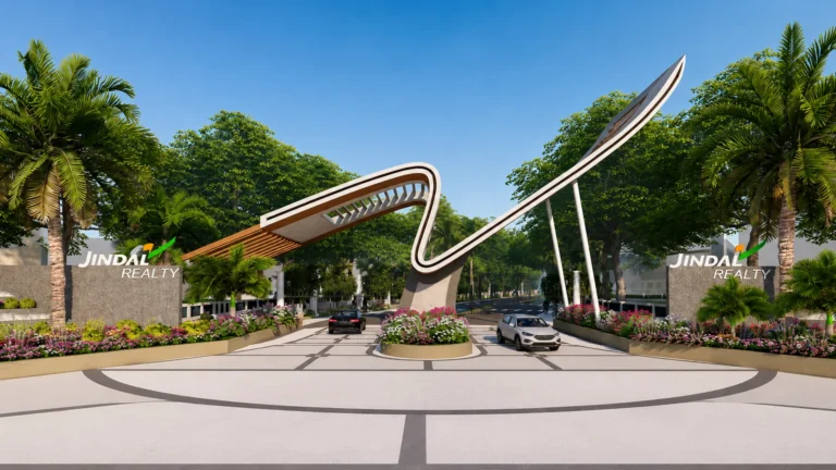 Grand entrance gate of Jindal Smart City in Sector 34, Sonipat by Jindal Realty with landscaped roads and gated township.