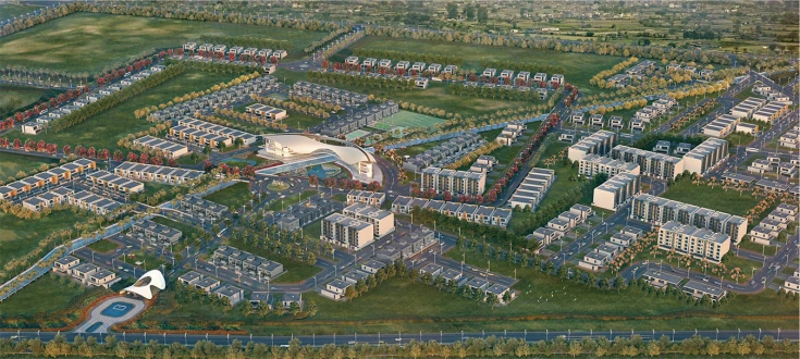Aerial view of Jindal Smart City Sonipat showing residential plots, villas, commercial areas, wide roads, green spaces, and the integrated township layout.