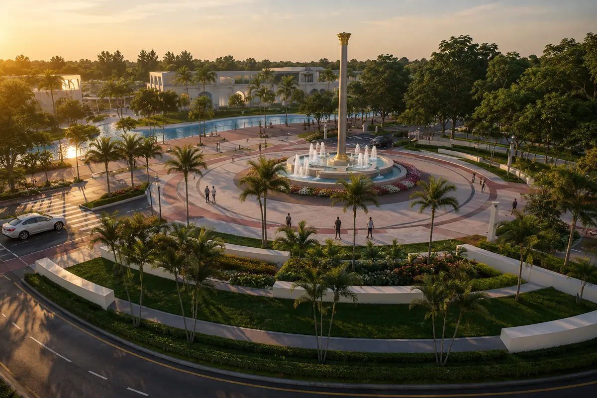 Central fountain plaza at Jindal Smart City Sonipat with landscaped gardens, palm trees, open spaces, and modern township surroundings.