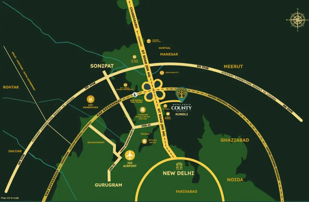 Royal Green County location map showing NH-44, KMP Expressway, Kundli, and connectivity to Delhi NCR