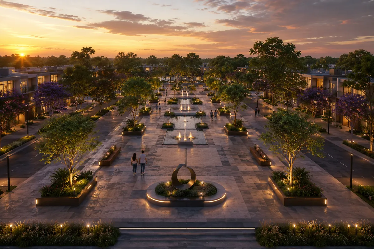Landscaped central plaza at Jindal Smart City Sonipat with water features, tree-lined walkways, open spaces, and residential villas.