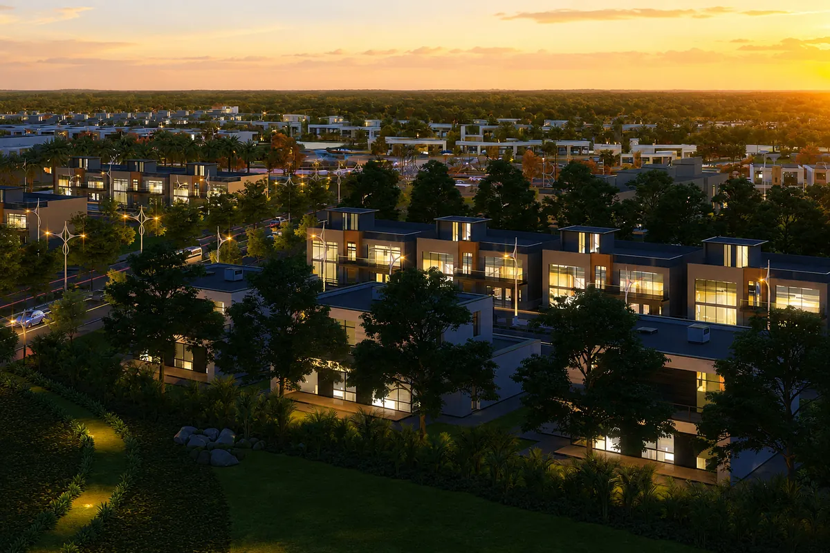 Aerial view of Jindal Smart City Sonipat showing modern villas, landscaped streets, green surroundings, and planned residential development.