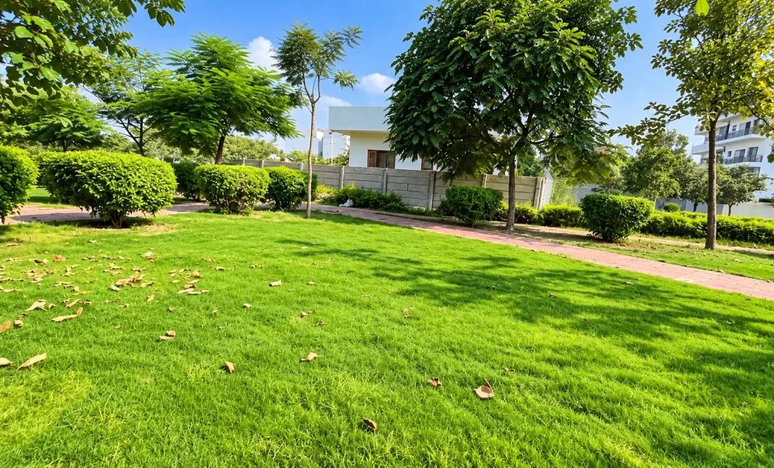 Landscaped green area and pathway at Jindal Global City Sonipat