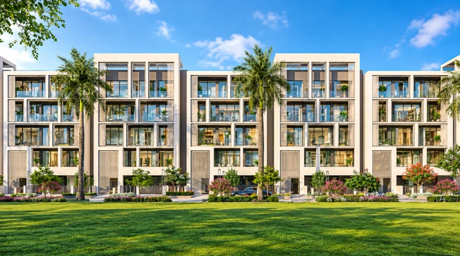 Residential buildings and landscaped green area at Jindal Global City