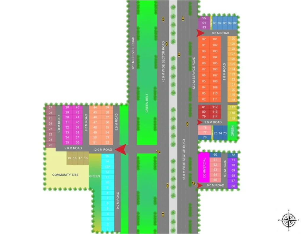 Newstone Park plots layout plan showing residential and commercial plots, road widths, green spaces, and community site.