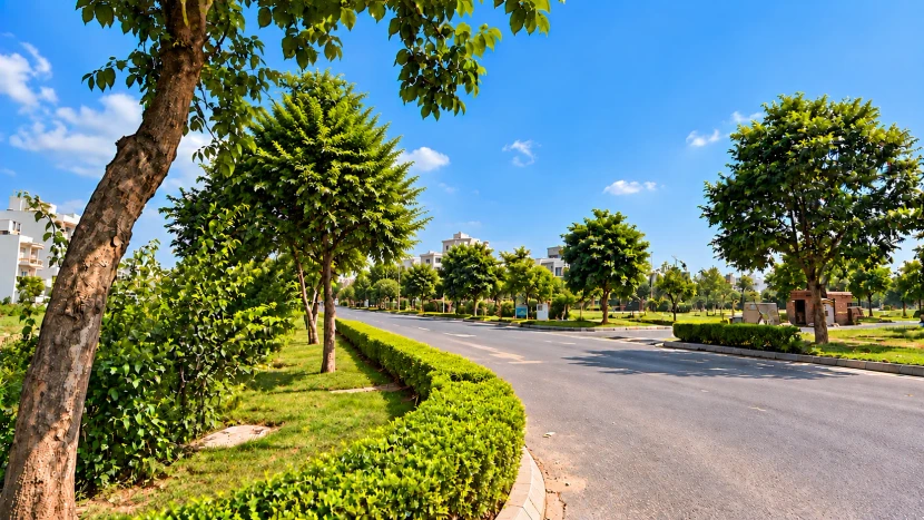Landscaped road and green areas at Jindal Global City