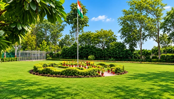 Landscaped lawn with flag at Jindal Global City