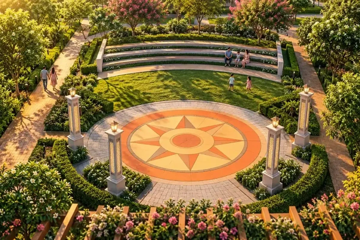 Landscaped garden plaza at Godrej Green Estate, Sonipat