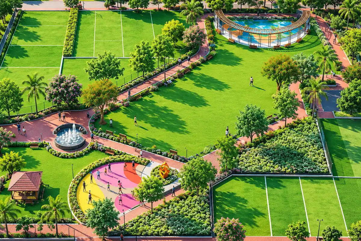 Newstone Park landscaped gardens with green lawns, walking paths, a fountain, and outdoor activity areas.