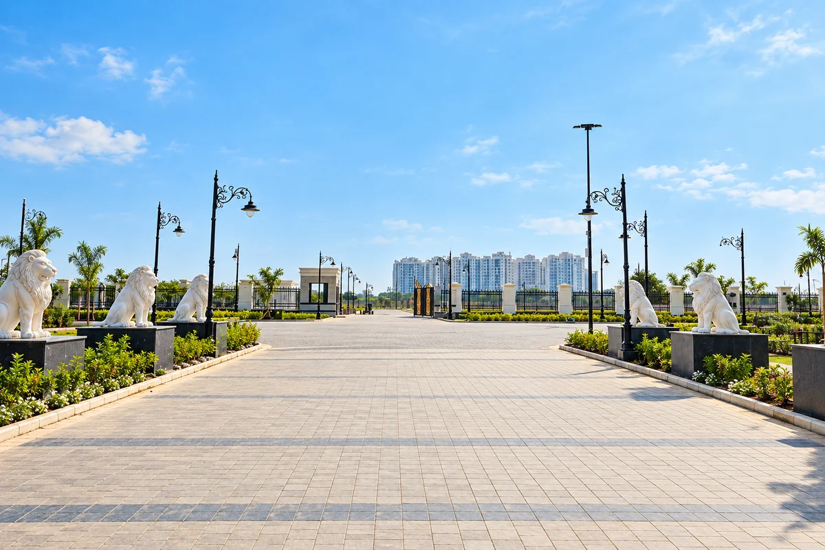 Newstone Park entrance with lion statues, landscaped greenery, paved driveway, and decorative street lights.