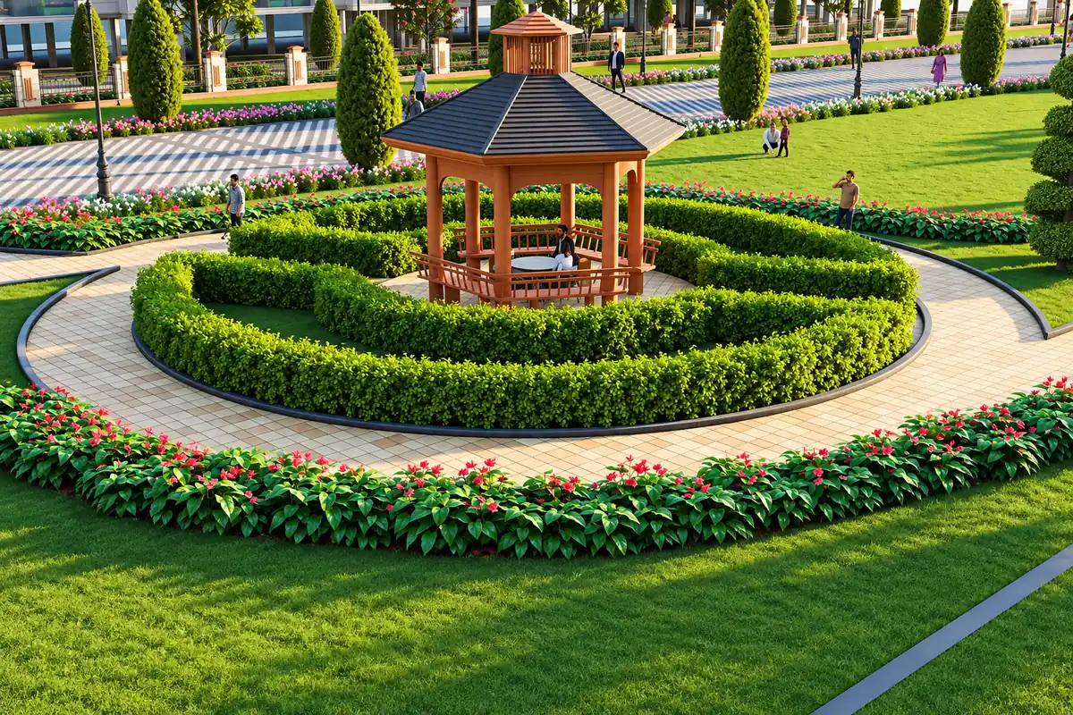 Newstone Park garden gazebo surrounded by landscaped greenery, colorful flowers, and walking paths.