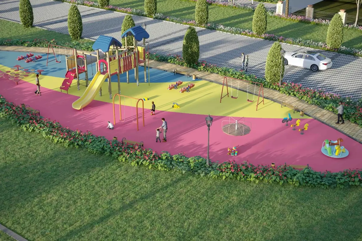 Newstone Park children's play area with colorful slides, swings, and outdoor play equipment.