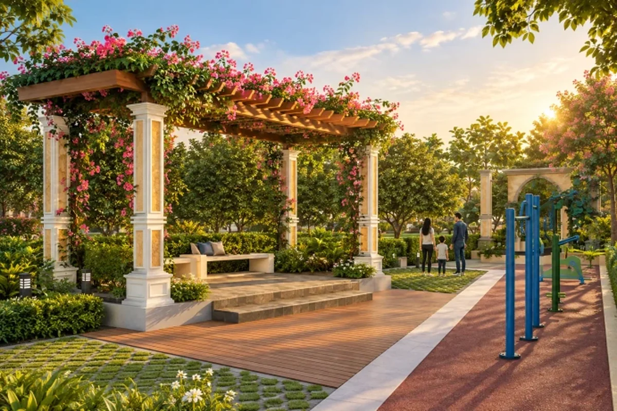 Garden pergola and outdoor play area at Godrej Green Estate, Sonipat