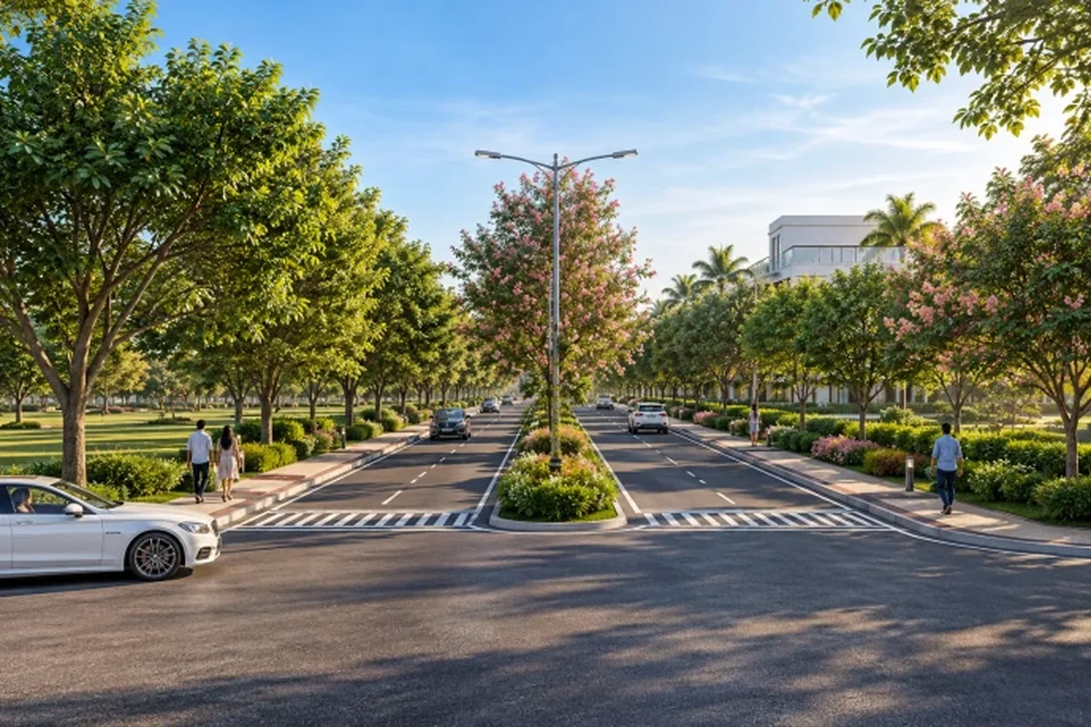 Tree-lined internal roads with landscaped gardens at Godrej Green Estate, Sector 34, Sonipat
