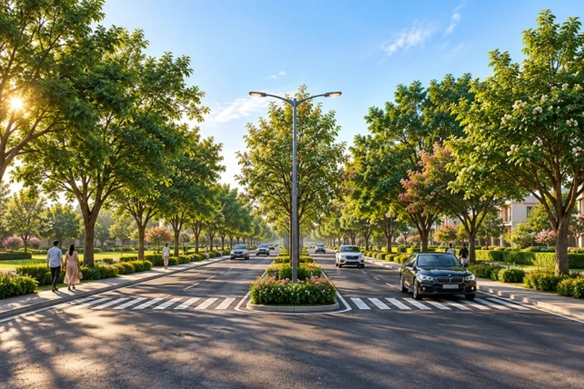 Landscaped internal road with streetlights and trees at Godrej Green Estate, Sonipat