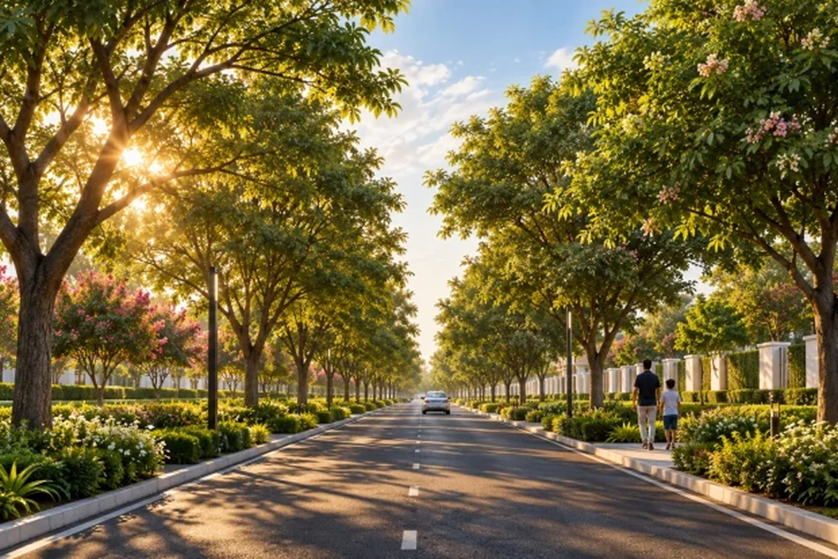 Tree-lined internal road at Godrej Green Estate, Sector 34, Sonipat